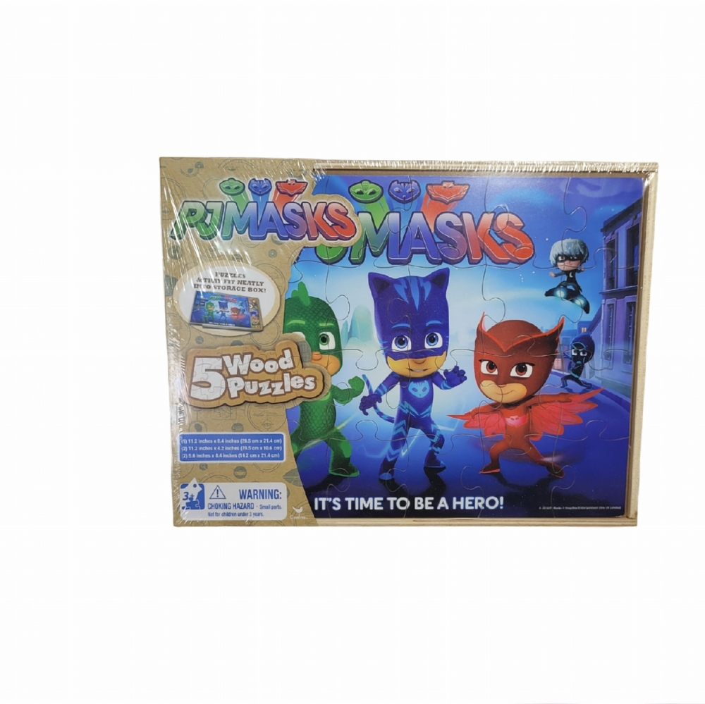PJ Masks 5 Wood Puzzles & Tray into Wooden Storage Box - Cardinal- New